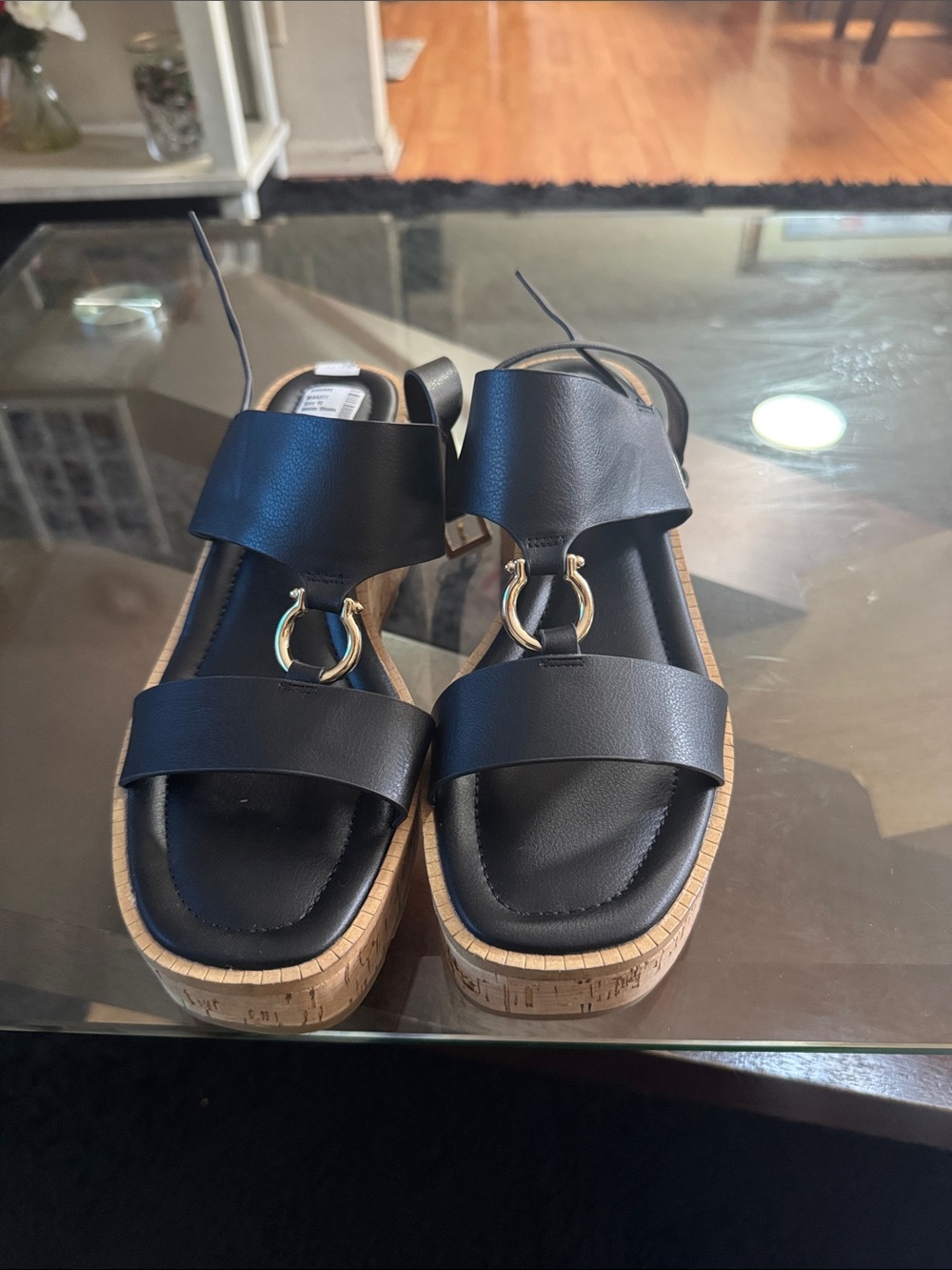 Gianni Bini Black Platform Sandals with Gold Accent